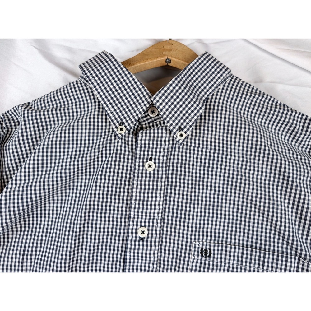 Izod Mens XL Gingham Check Button Down Shirt Navy Blue White Cotton Long Sleeve